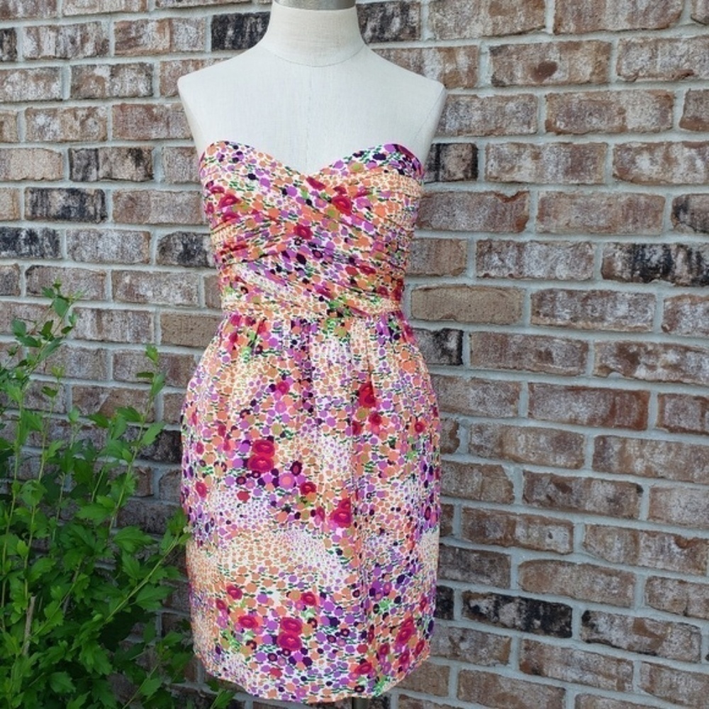 ANTHRO Shoshanna Strapless Pleated Dress Multi 2 - Picture 1 of 6